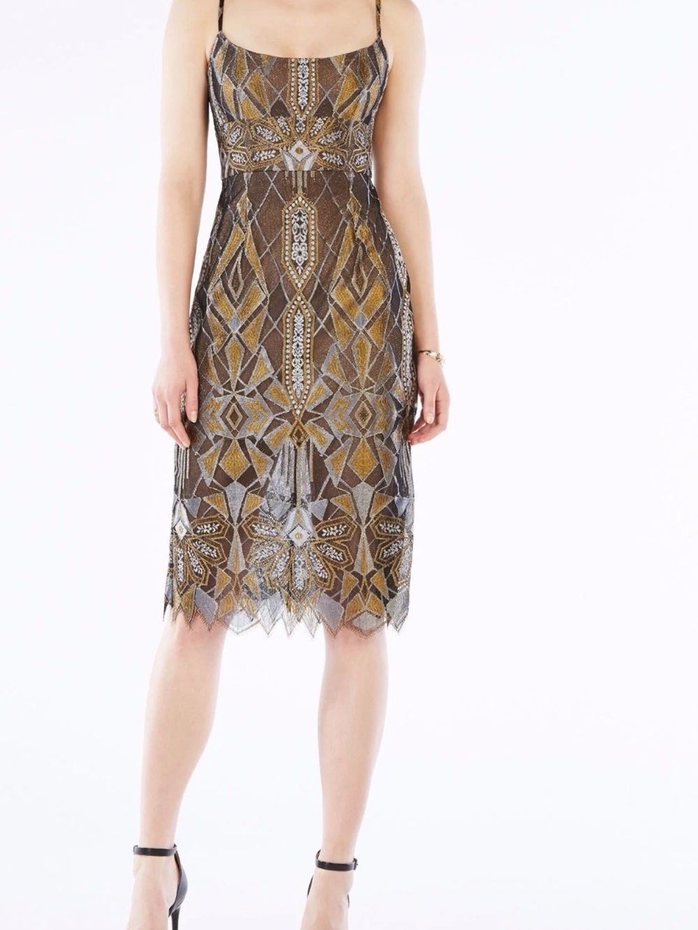 Rare BCBGMAXAZRIA Alese Metallic Geometric Lace Midi Dress Size 2
